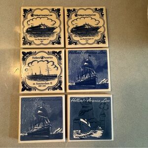 Holland American Line Ceramic Coasters Set of 6 Blue White Nautical Memorobilia
